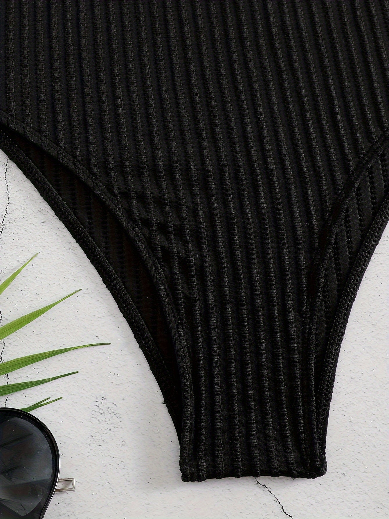 Women's Fashion One-piece Swimsuit, Casual Style, Long Sleeve, Cut-Out Detail, Ribbed Texture, Beachwear, Poolside Apparel