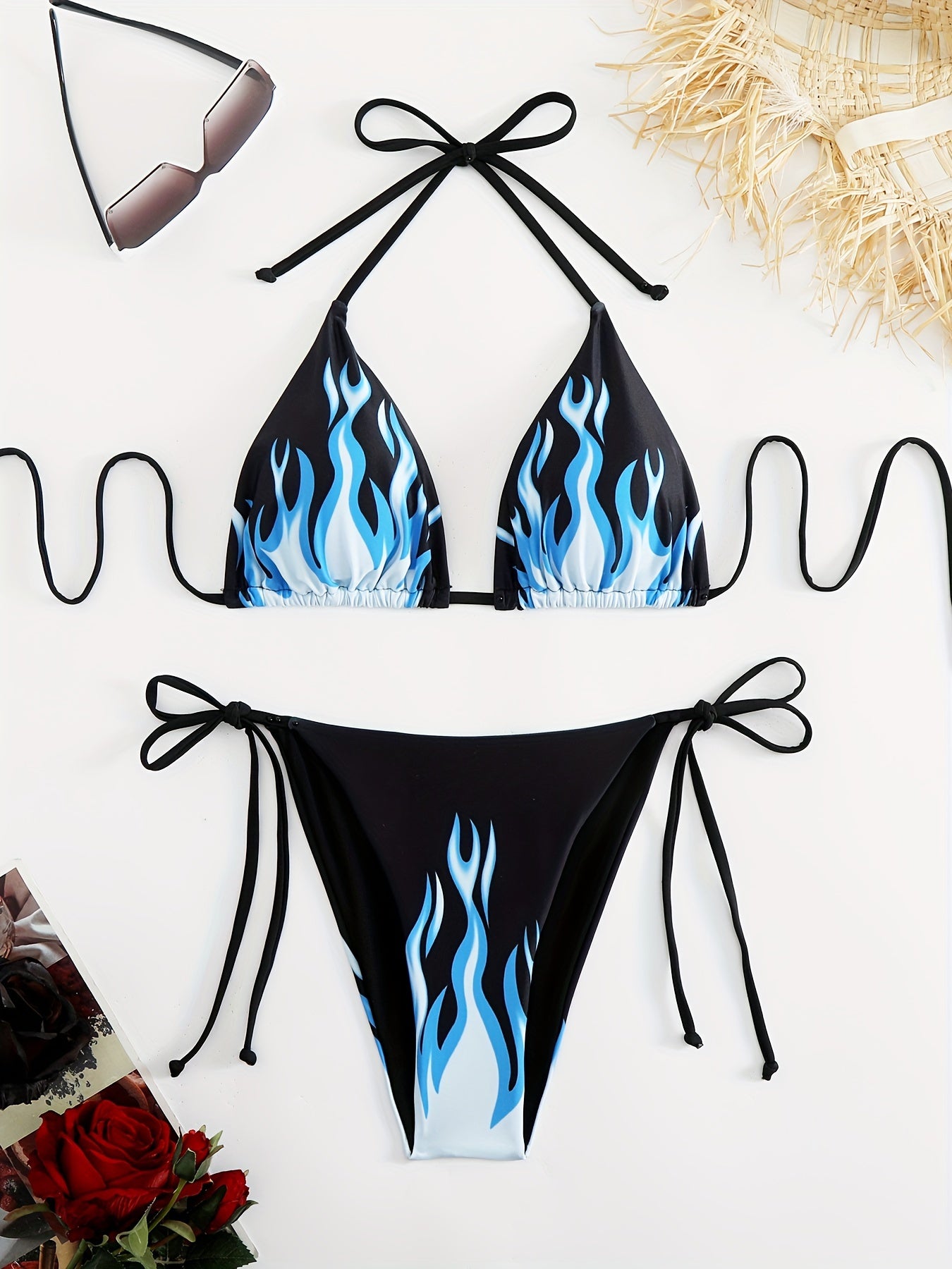 Flame Print Two-Piece Bikini Swimsuit, Beachwear, Women's Swimwear, Fire Design Bathing Suit, Adjustable Tie, Summer Fashion