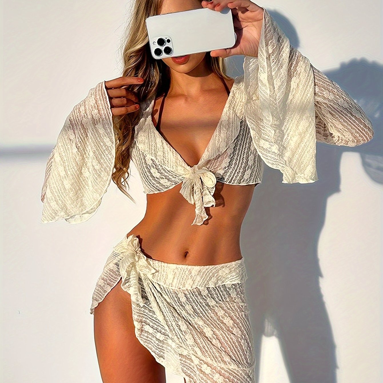 4-Piece Swimwear Set for Women - Stylish Lace Long Sleeve Crop Top with Chic Tie-Front, Flattering Solid Color Triangle Bikini, Flowy Wrap Mini Skirt, Perfect Beachwear for Summer Vacation, Pool Party, or Beach Trip