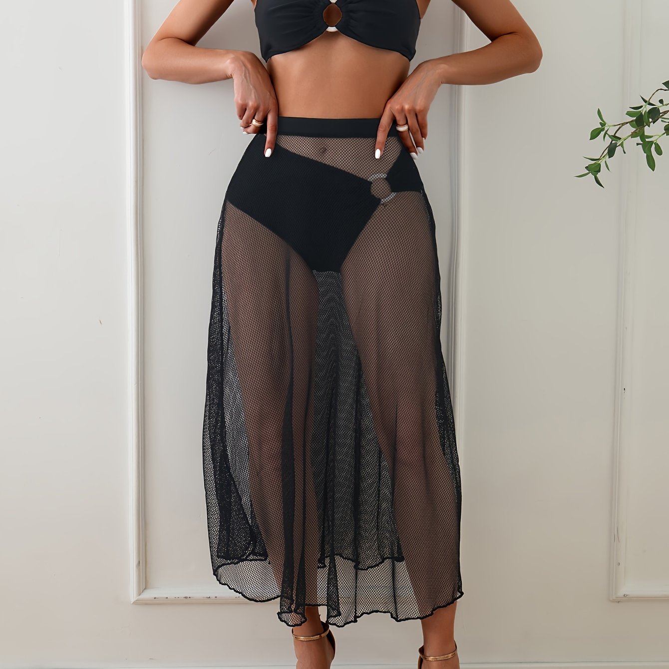 Women's 3-Piece Bikini Set, Solid Color Sexy Swimwear With Sheer Mesh Pleated Skirt Cover-Up, Beachwear Bandeau Top With High Cut Panty