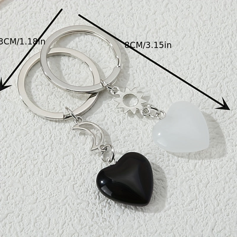 2pcs Heart Stone Keychain Moon & Sun Key Ring Purse Bag Backpack Car Key Charm BFF Friends Couples Valentine's Day Gift
