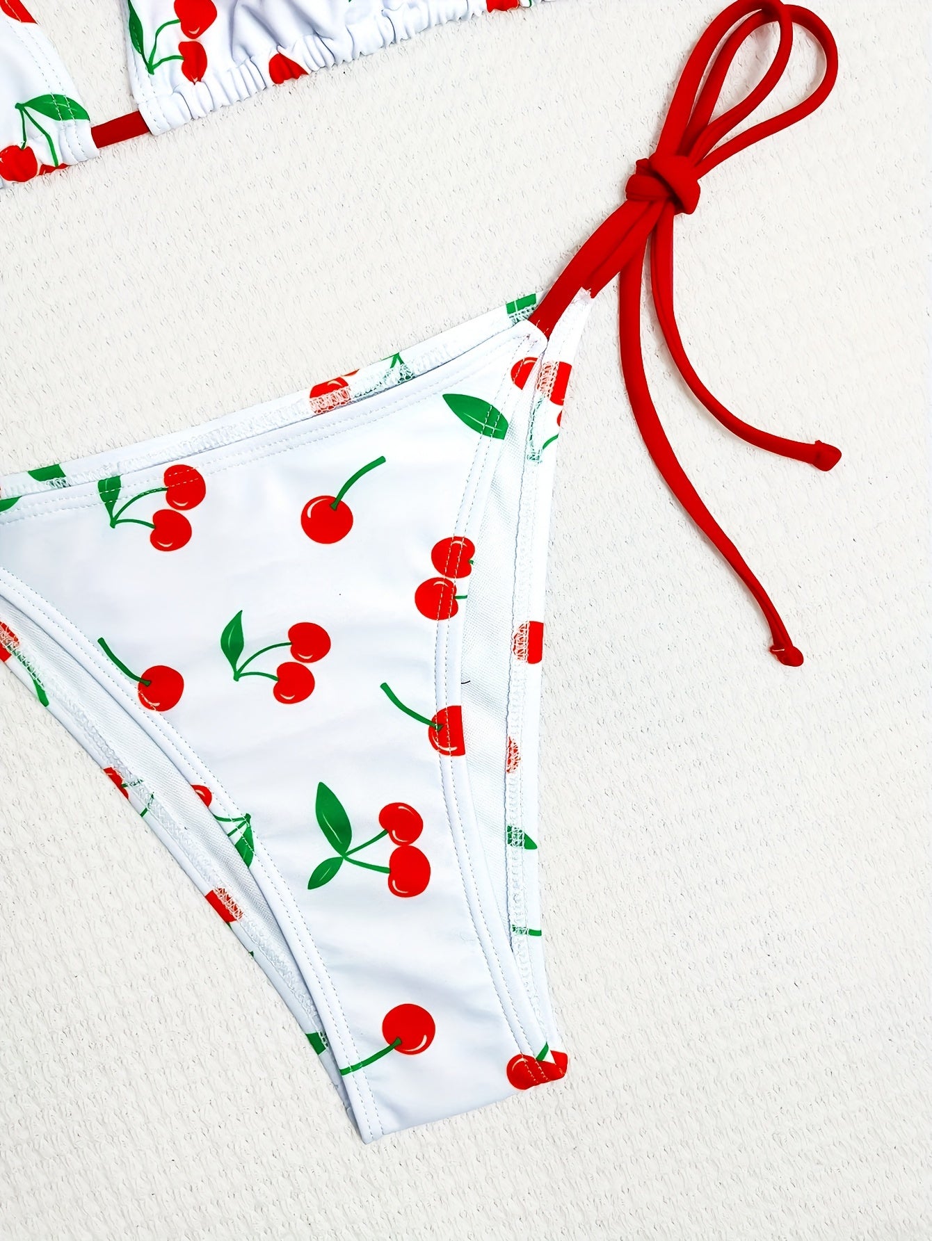 [Playful Cherry Bikini] High Elasticity Cherry Print Bikini Set | Halter Neck Tie-Up Stretch Swimsuit, Women's Swimwear, Fruit & Vegetable Pattern, Lace-Up Detail, Beachwear, Playful Design