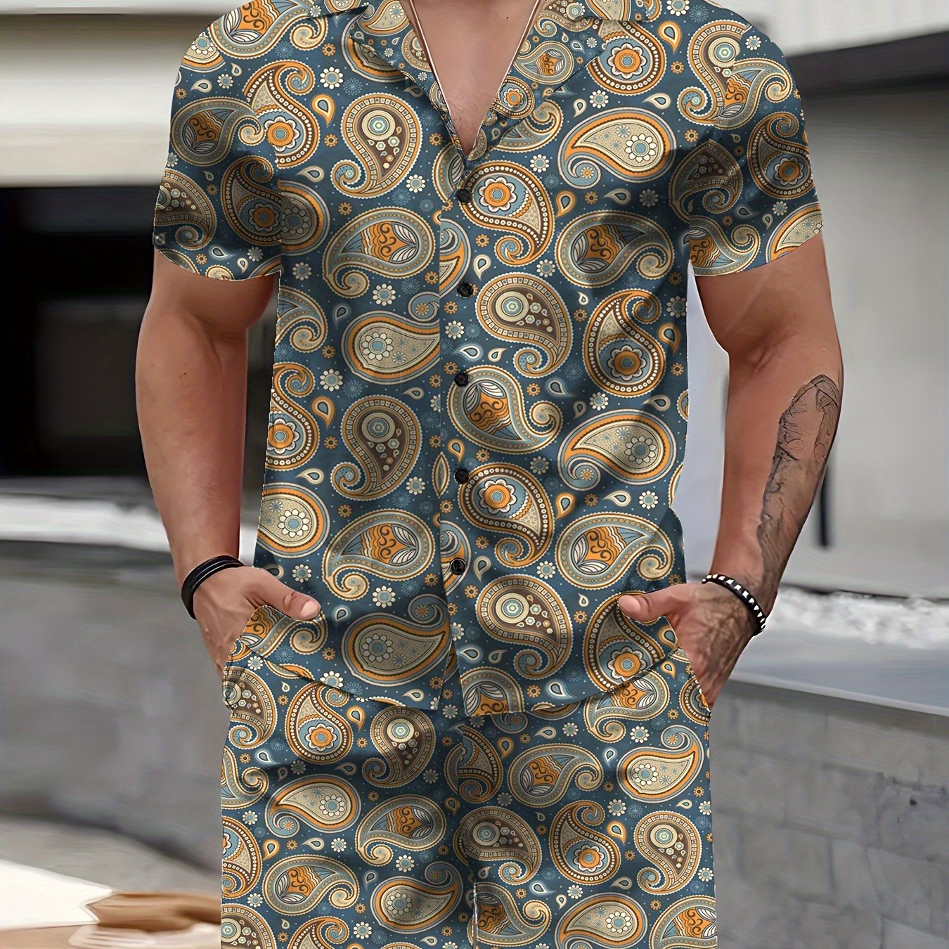 Men's Bohemian Printed Short Sleeve Shirt & Shorts Set, Casual Collared Summer Beachwear, Streetwear Hawaiian Suit For Men