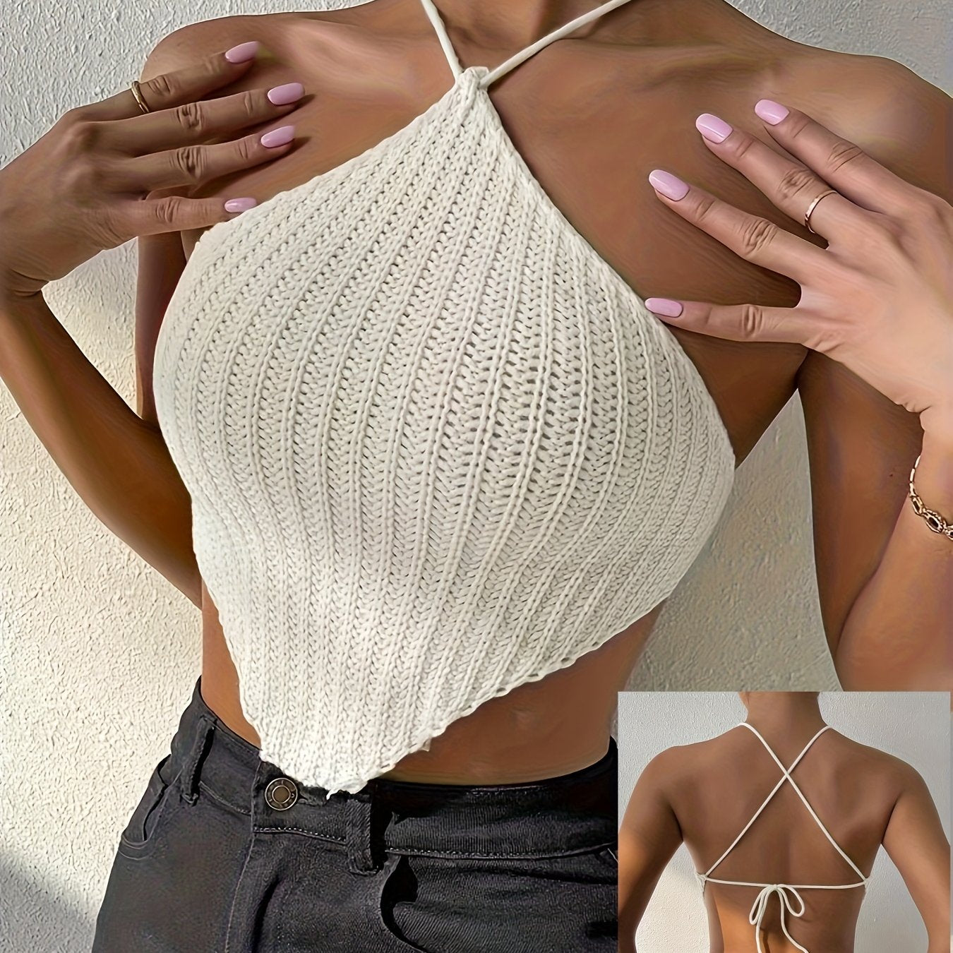 Women's Elegant Halter Neck Top - No Back Crossed Straps Solid Color Short Sleeve Beachwear, All-Season Versatile Casual & Formal Shirt, Beach Clothes, Soft Texture