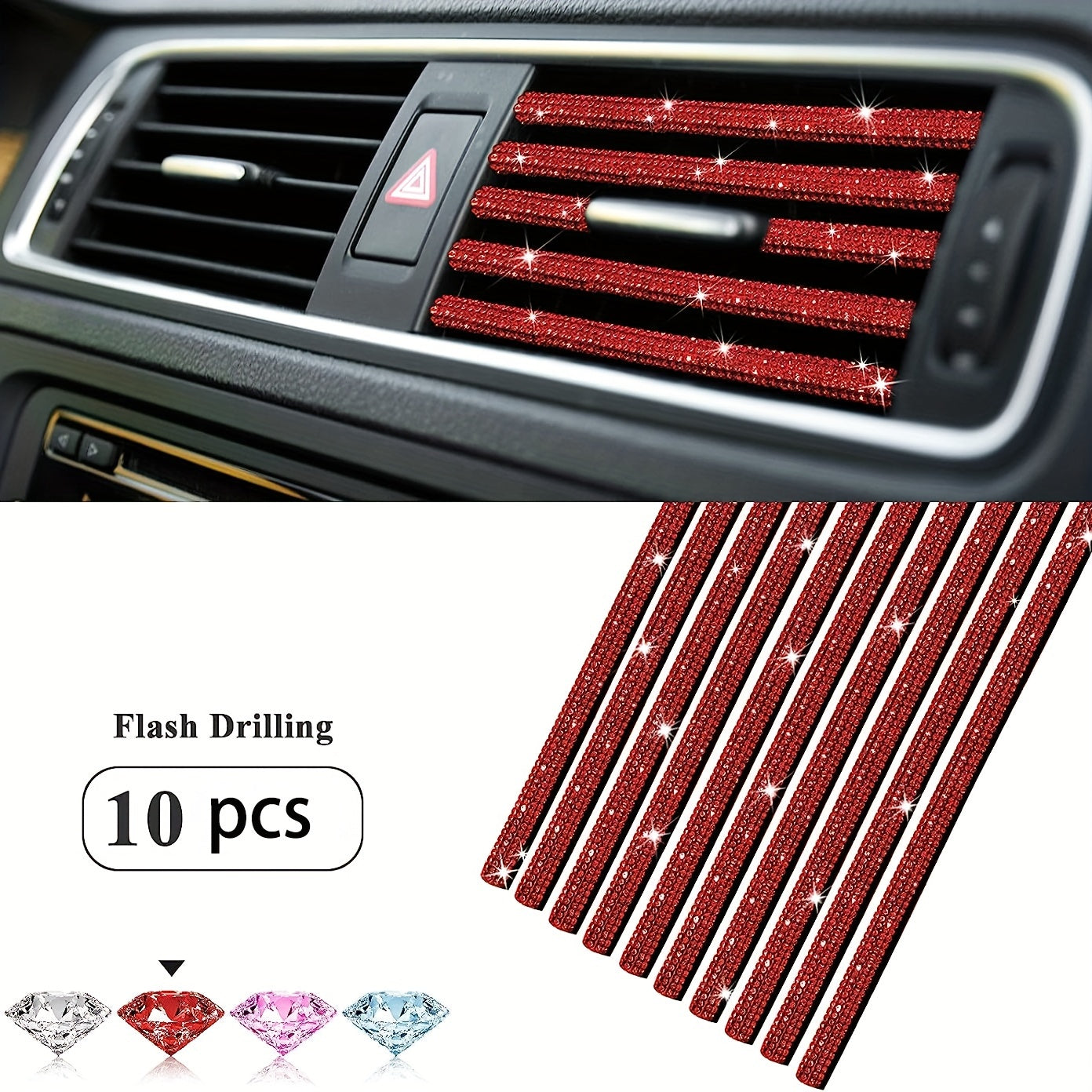 10pcs Sparkling Pink Rhinestone Car Vent Trim Strips - Durable Plastic, Glam Bling Air Conditioner Outlet Decorations for Stylish Interior Upgrade, Car Air Vent Accessories