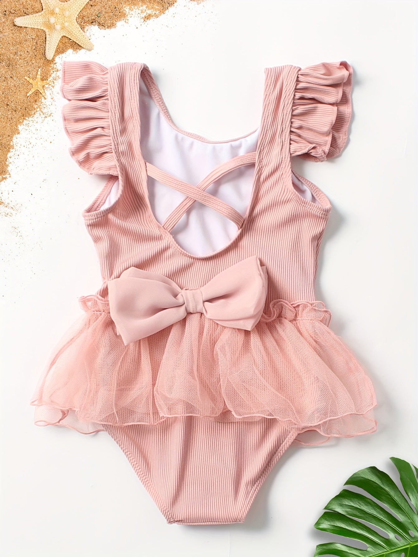 Cute Girls' Solid Swimsuit - Sleeveless Rib-knit Design, Ruffle Trim, Mesh Lace Skirts, Casual Beachwear for Holiday