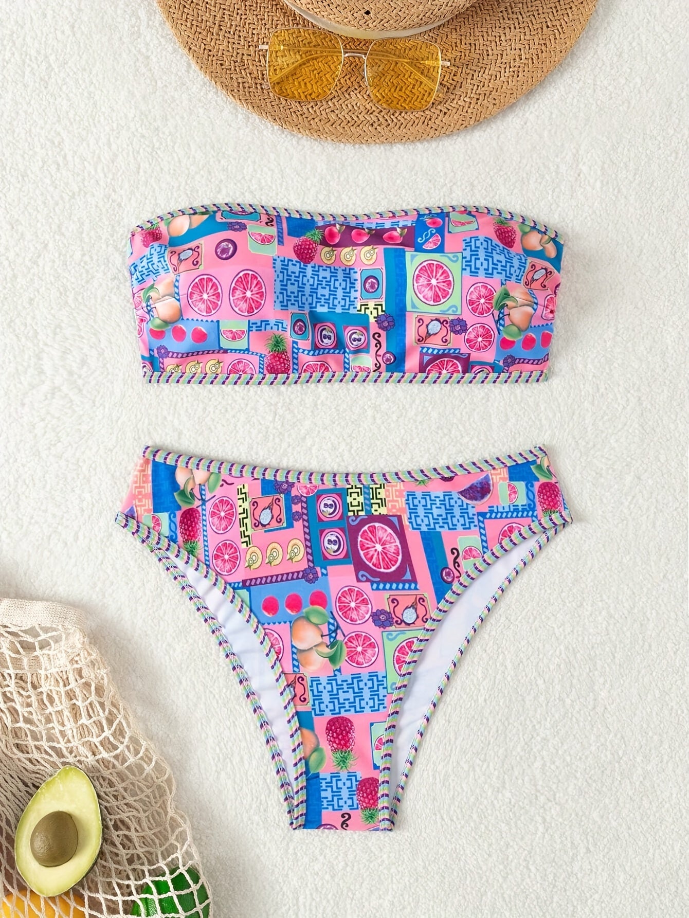 Vibrant Fruit Print High Cut Two-Piece Strapless Bikini Set - Fashionable Beachwear with Adjustable Straps, Padded Cups, and Ruffled Trim - Perfect Women's Summer Swimwear for Beach, Pool, or Vacation