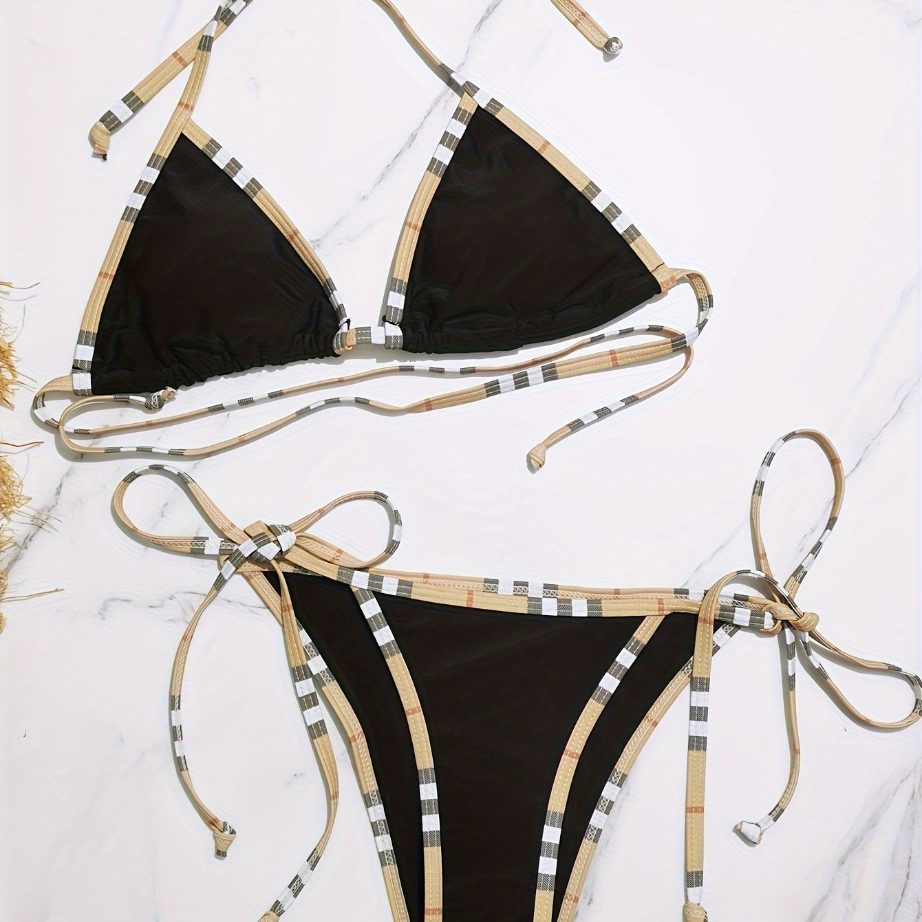 Womens Classic Plaid Trim Bikini Set - Flattering Two-Piece Swimsuit with Adjustable Ties, Quick-Dry Fabric for Stylish Summer Beachwear - Perfect for Trendy Poolside Vacations