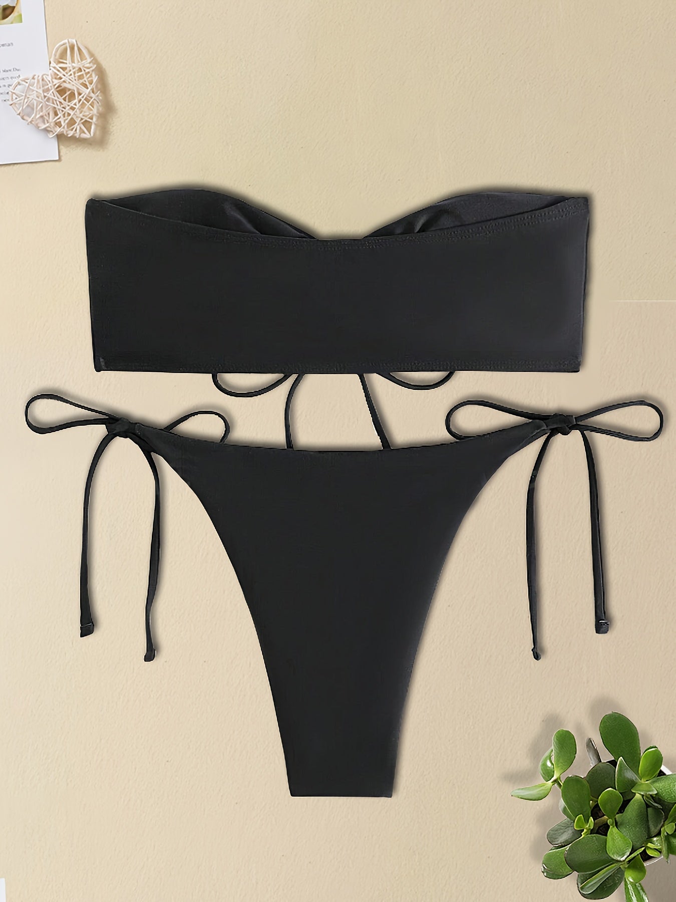 Women's Fashionable Two-Piece Bikini Set, Sexy Tie-Front Bandeau Top With High Cut Bottoms, Adjustable Swimwear, Beachwear Essentials