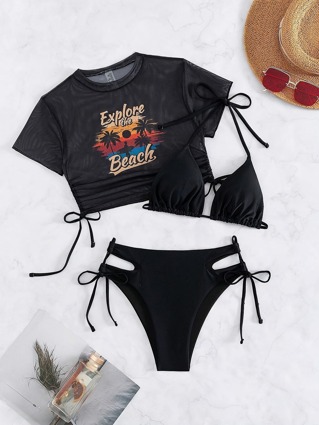 Women's Bikini Set, Three-piece Swimsuit With Short Sleeve Cover-Up, High Cut Hollow-Out Tie Side Bottom, Sexy Swimwear, Beachwear