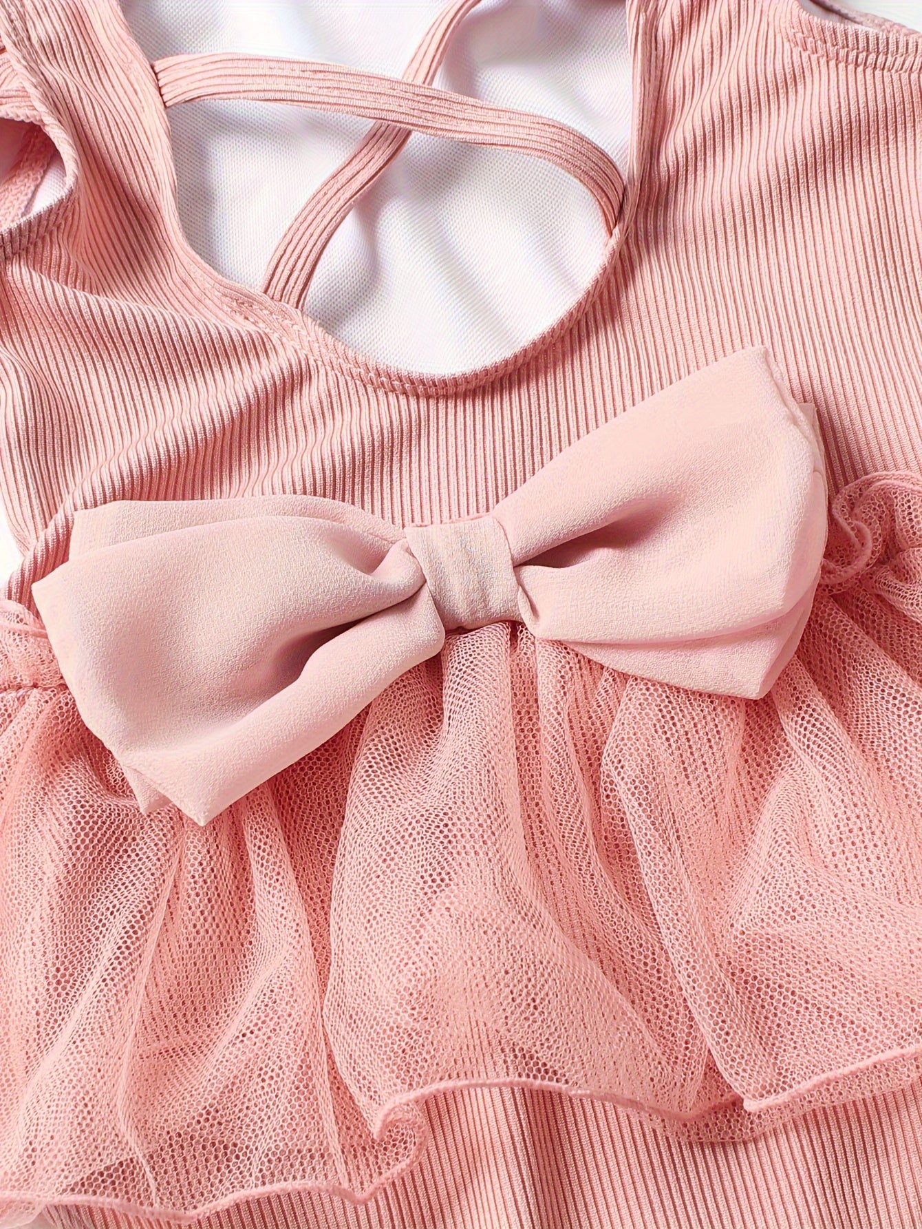 Cute Girls' Solid Swimsuit - Sleeveless Rib-knit Design, Ruffle Trim, Mesh Lace Skirts, Casual Beachwear for Holiday