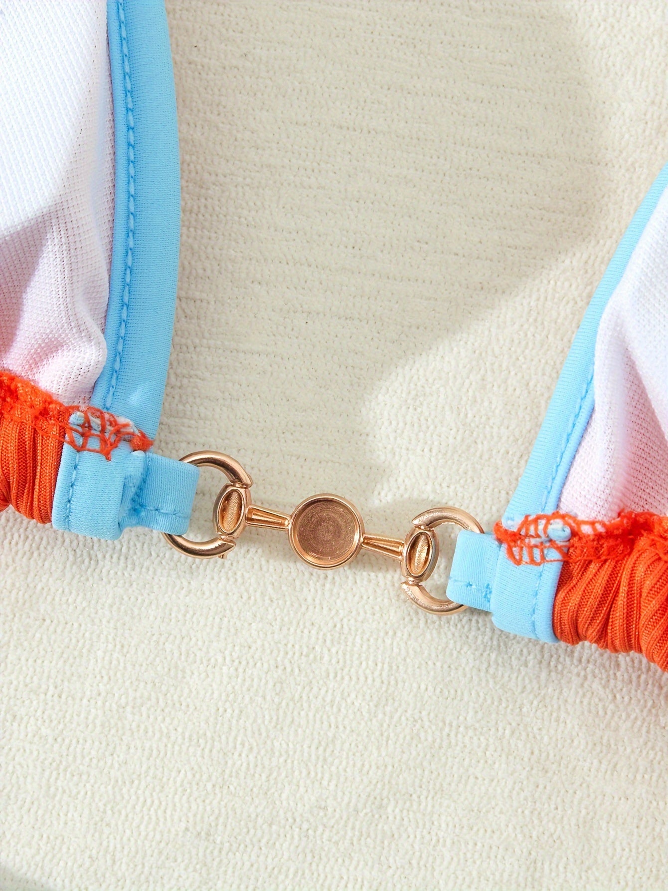 [2pcs Pearl Bikini] Two-Piece Artificial Pearl Contrast Trim Halter Bikini Swimsuit, Women's Triangle Tie-Back V-Neck Beachwear Set