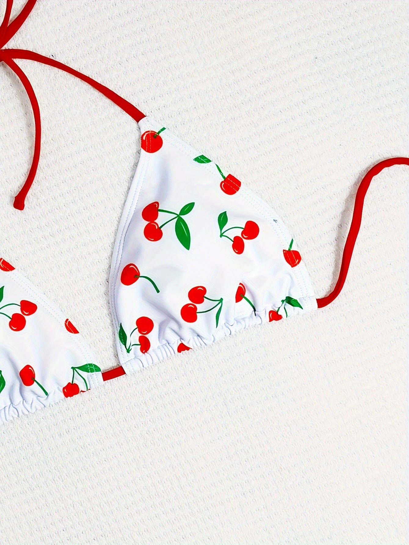 [Playful Cherry Bikini] High Elasticity Cherry Print Bikini Set | Halter Neck Tie-Up Stretch Swimsuit, Women's Swimwear, Fruit & Vegetable Pattern, Lace-Up Detail, Beachwear, Playful Design