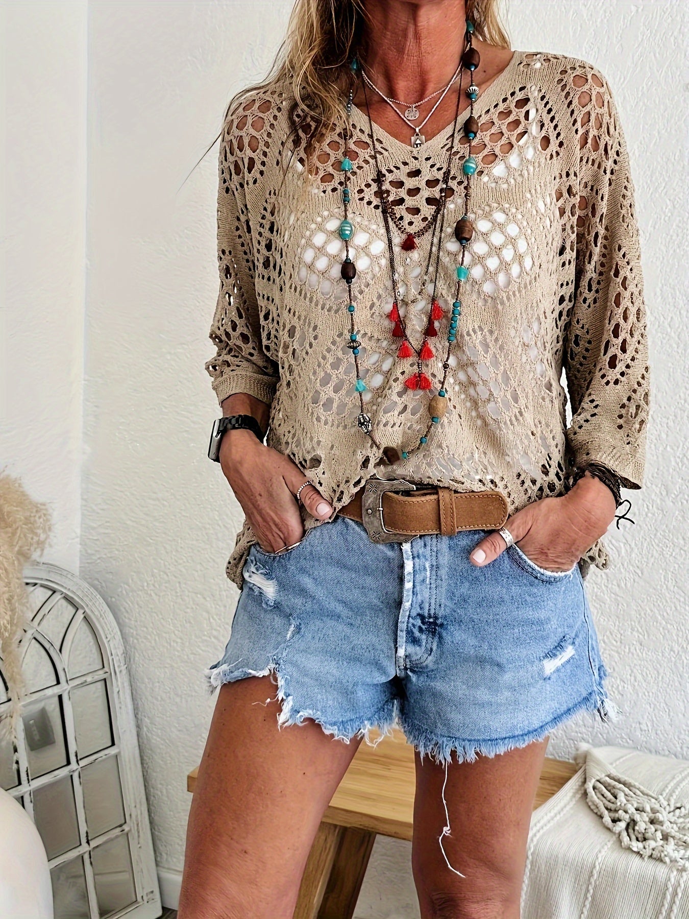 Elegant V-Neck Hollow Knit Sweater - Chic Beachwear with Micro-Elastic Fabric, Argyle & Solid Patterns, Perfect for Summer