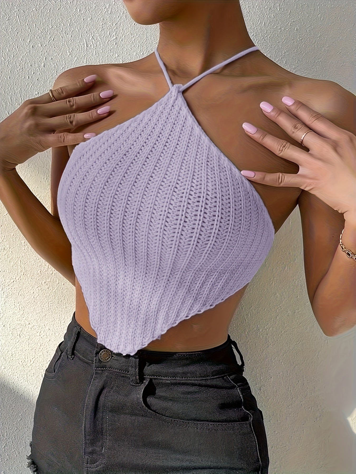 Women's Elegant Halter Neck Top - No Back Crossed Straps Solid Color Short Sleeve Beachwear, All-Season Versatile Casual & Formal Shirt, Beach Clothes, Soft Texture