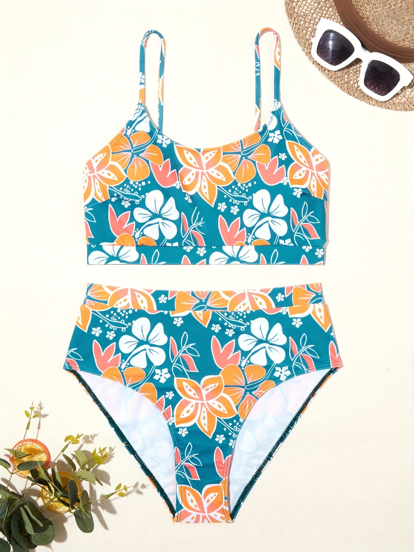 Two-piece High-waisted Women's Bikini Set, Floral Print, Adjustable Straps, Comfort Fit, Tropical Design, Summer Beachwear, Poolside Fashion