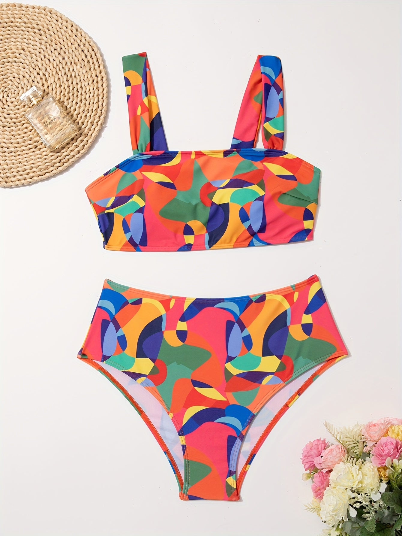 Women's High-Waisted Bikini Set, Colorful Color Block Abstract Print, Fashion Swimwear, Two-Piece Beachwear, Summer Poolside Outfit