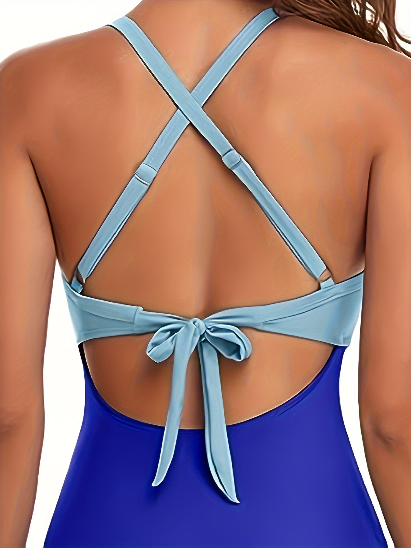 Womens Flattering Color Block One-Piece Swimsuit - Layered Cutout, Adjustable Cross Tie Back, Ruched Tummy Control, Sexy Beachwear Style - Perfect for a Fashion-Forward Look