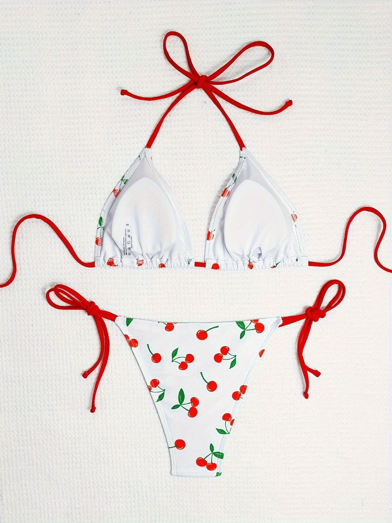 [Playful Cherry Bikini] High Elasticity Cherry Print Bikini Set | Halter Neck Tie-Up Stretch Swimsuit, Women's Swimwear, Fruit & Vegetable Pattern, Lace-Up Detail, Beachwear, Playful Design