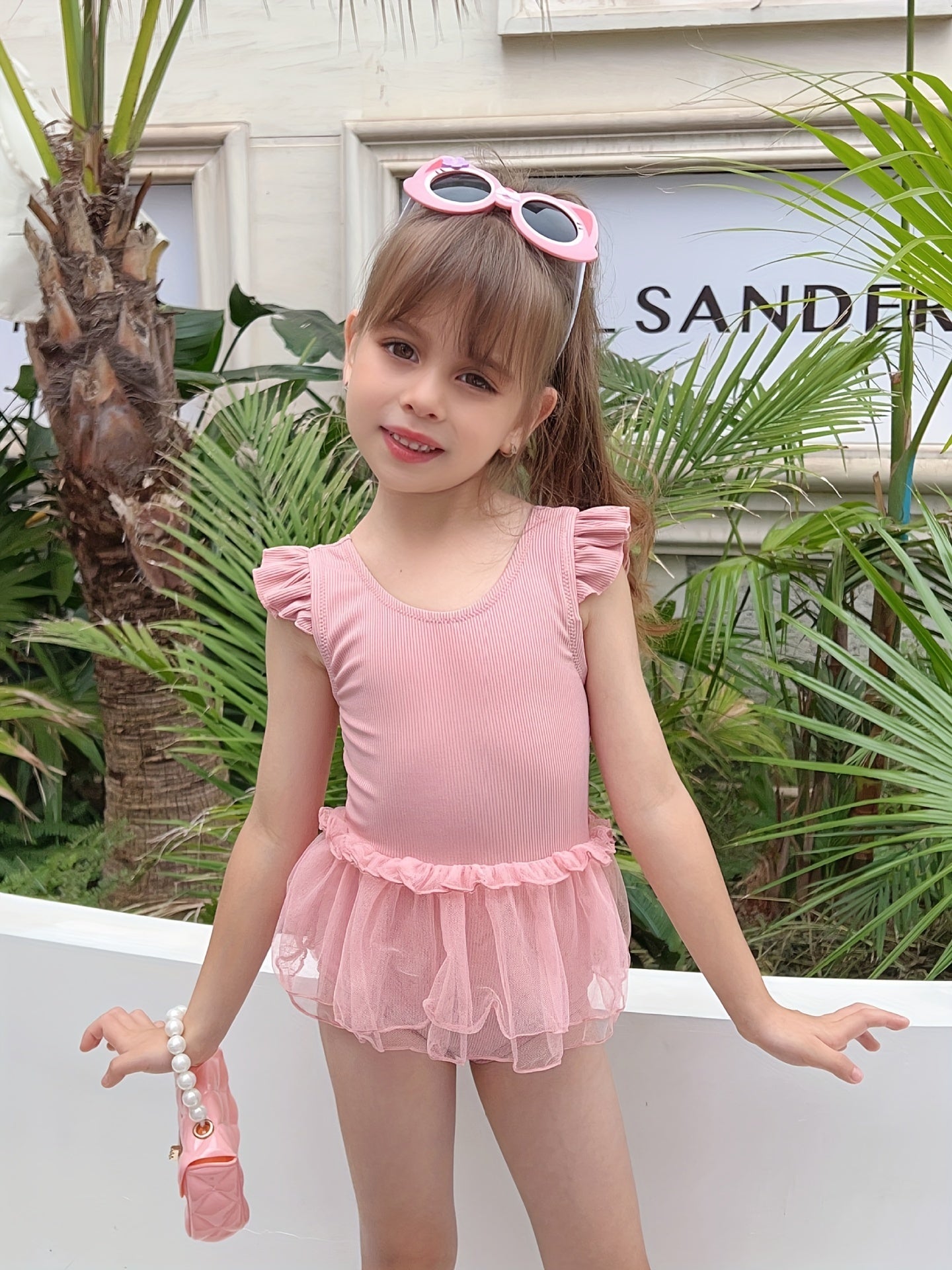 Cute Girls' Solid Swimsuit - Sleeveless Rib-knit Design, Ruffle Trim, Mesh Lace Skirts, Casual Beachwear for Holiday