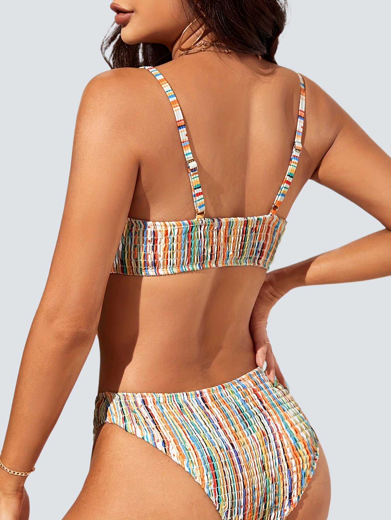 Flattering Multi-Color Stripe Bikini Set - Two-Piece Design with High-Rise Bottoms and Adjustable Straps - Perfect Summer Beachwear for a Stylish Swimwear Look