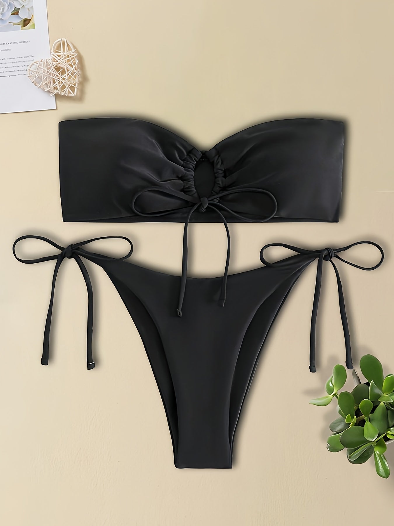 Women's Fashionable Two-Piece Bikini Set, Sexy Tie-Front Bandeau Top With High Cut Bottoms, Adjustable Swimwear, Beachwear Essentials