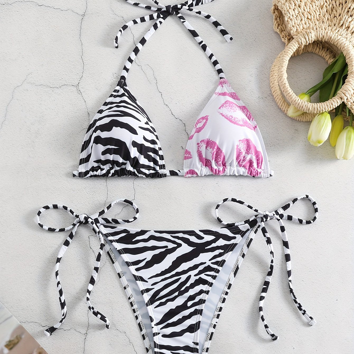 2-Piece Zebra Print High-Waisted Bikini Set with Ruffle-Trim Halter Top and Adjustable Ties for Women's Beachwear Swimwear