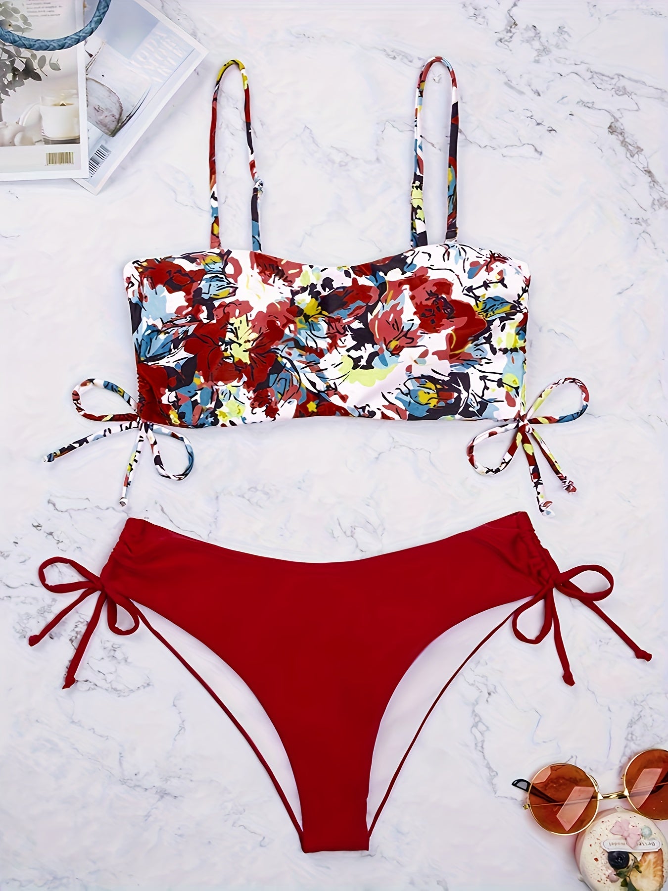 Bold Floral Print Bikini Set - 2 Piece, Adjustable Tie Sides, High-Waist, Sexy Swimwear for Women - Flattering Beachwear Ensemble