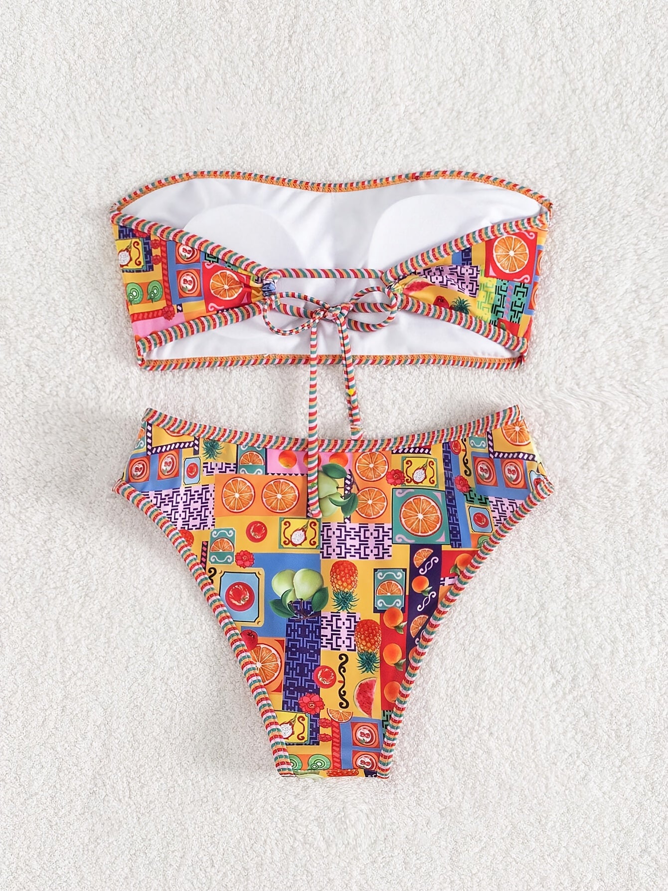 Vibrant Fruit Print High Cut Two-Piece Strapless Bikini Set - Fashionable Beachwear with Adjustable Straps, Padded Cups, and Ruffled Trim - Perfect Women's Summer Swimwear for Beach, Pool, or Vacation