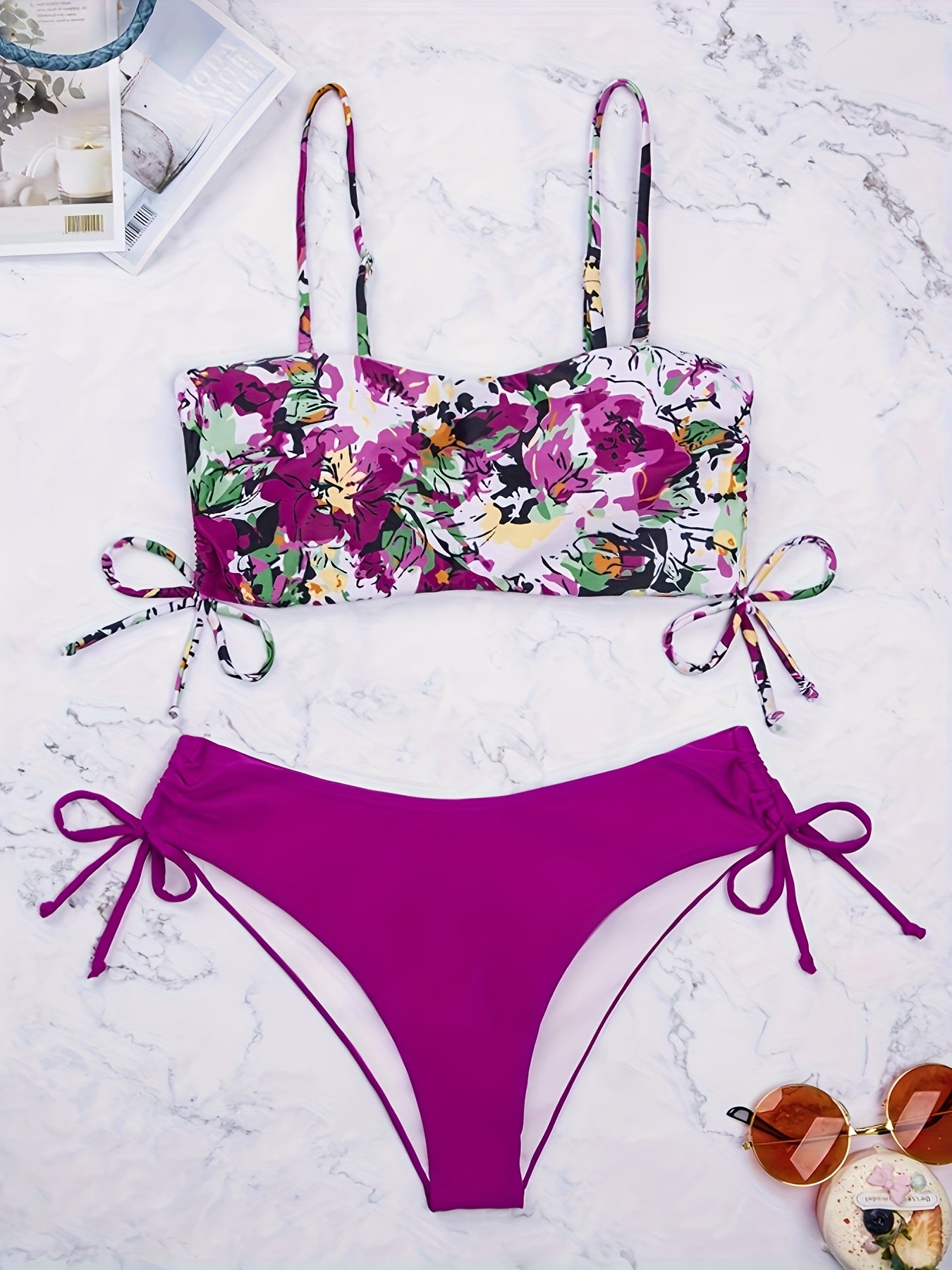 Bold Floral Print Bikini Set - 2 Piece, Adjustable Tie Sides, High-Waist, Sexy Swimwear for Women - Flattering Beachwear Ensemble