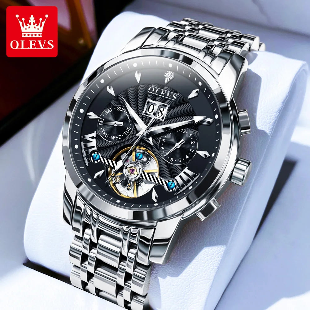 02. OLEVS 9965 Mens Watch Classic Hollow Out Automatic Mechanical Watch Original Movement Waterproof Luminous Calendar Year Moon