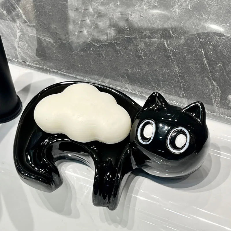 02. Cute Cat Drain Soap Holder Container Smooth Ceramic Toilet Soap Dish Case Tray Bathroom Accessories Washroom Tools Home Decor