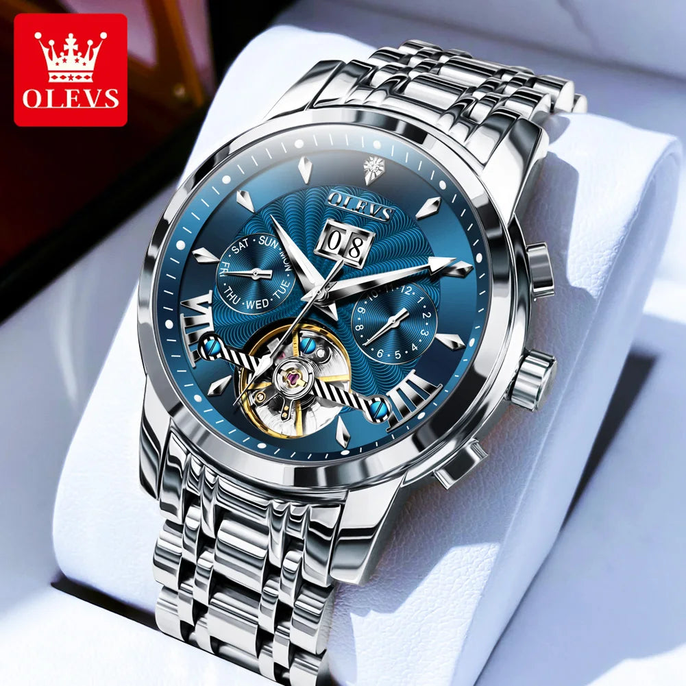 02. OLEVS 9965 Mens Watch Classic Hollow Out Automatic Mechanical Watch Original Movement Waterproof Luminous Calendar Year Moon