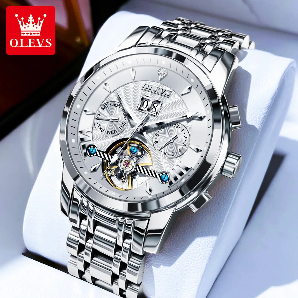 02. OLEVS 9965 Mens Watch Classic Hollow Out Automatic Mechanical Watch Original Movement Waterproof Luminous Calendar Year Moon