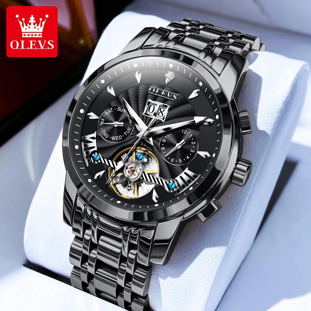 02. OLEVS 9965 Mens Watch Classic Hollow Out Automatic Mechanical Watch Original Movement Waterproof Luminous Calendar Year Moon