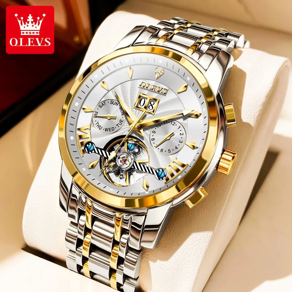 02. OLEVS 9965 Mens Watch Classic Hollow Out Automatic Mechanical Watch Original Movement Waterproof Luminous Calendar Year Moon