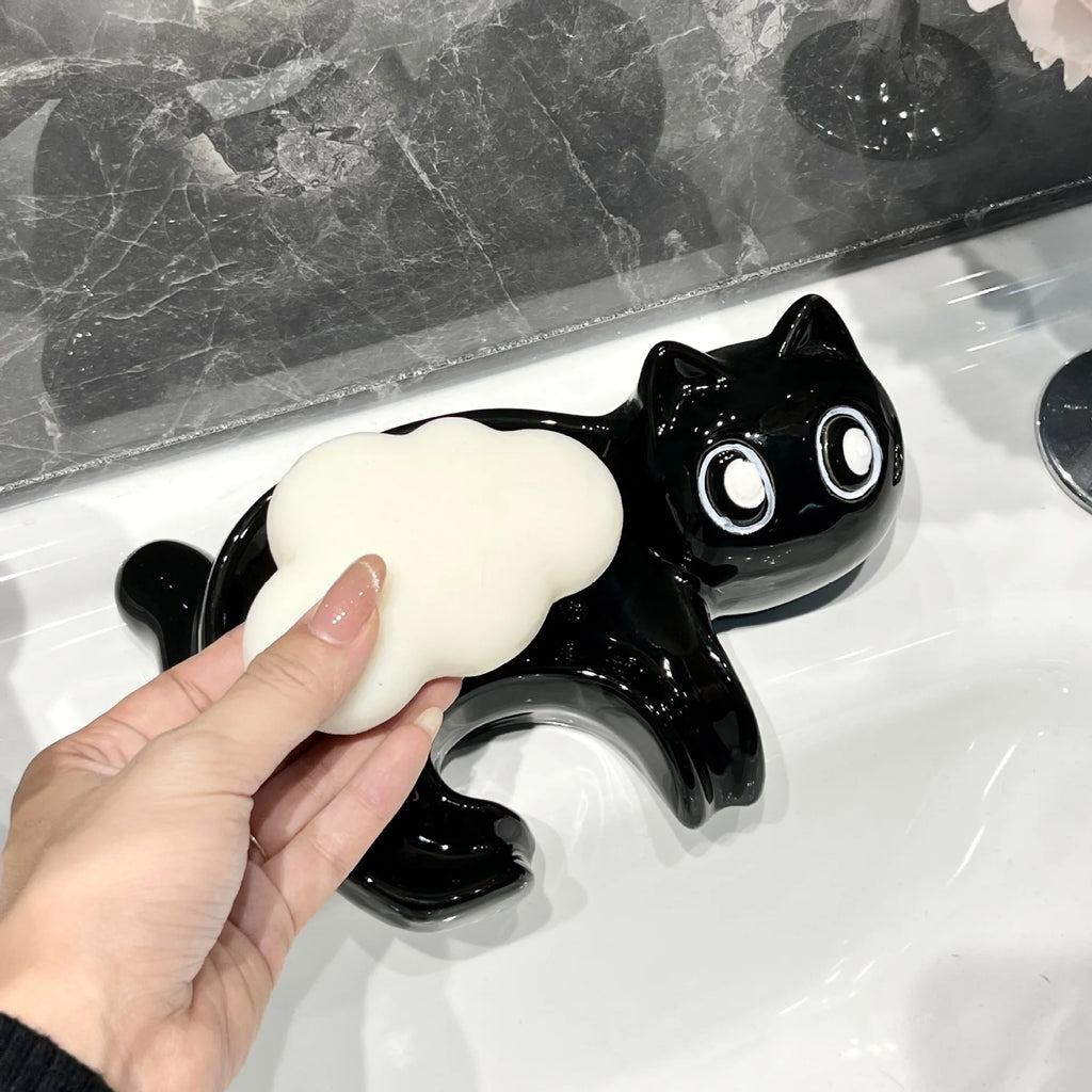 02. Cute Cat Drain Soap Holder Container Smooth Ceramic Toilet Soap Dish Case Tray Bathroom Accessories Washroom Tools Home Decor