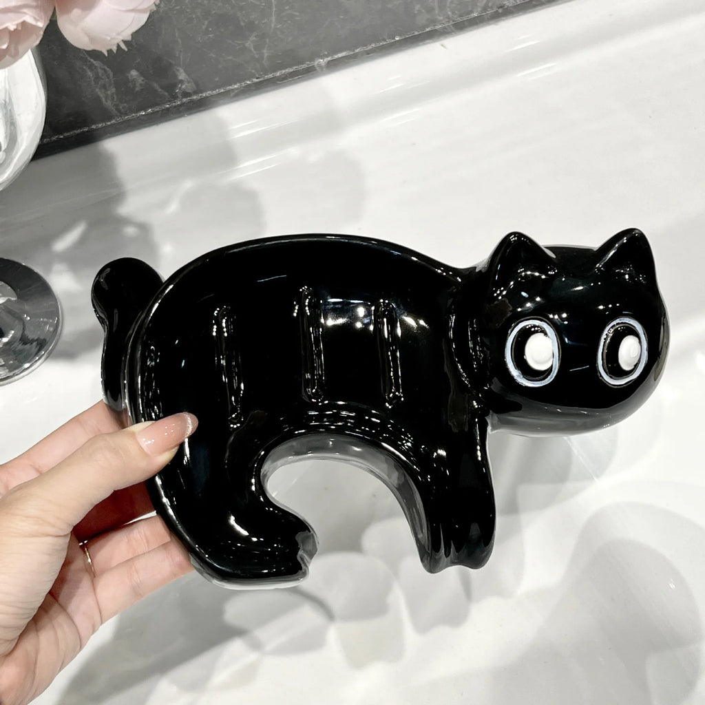 02. Cute Cat Drain Soap Holder Container Smooth Ceramic Toilet Soap Dish Case Tray Bathroom Accessories Washroom Tools Home Decor