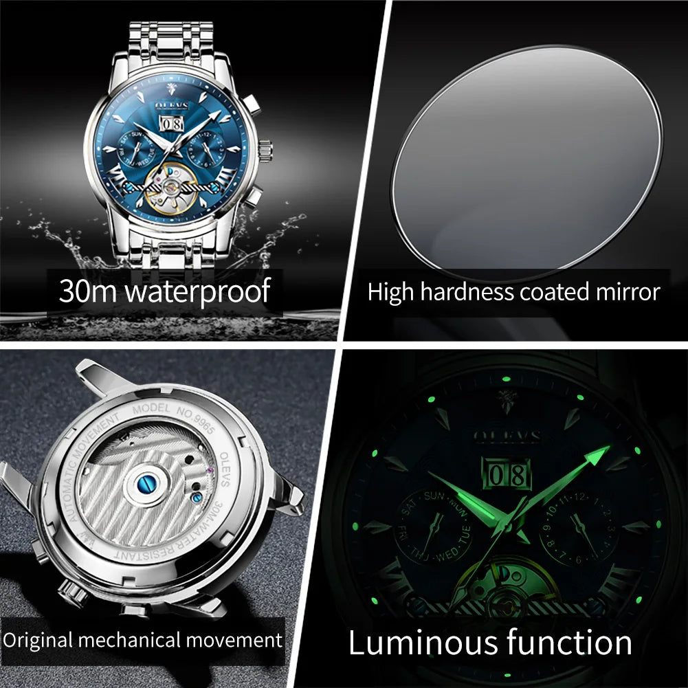 02. OLEVS 9965 Mens Watch Classic Hollow Out Automatic Mechanical Watch Original Movement Waterproof Luminous Calendar Year Moon