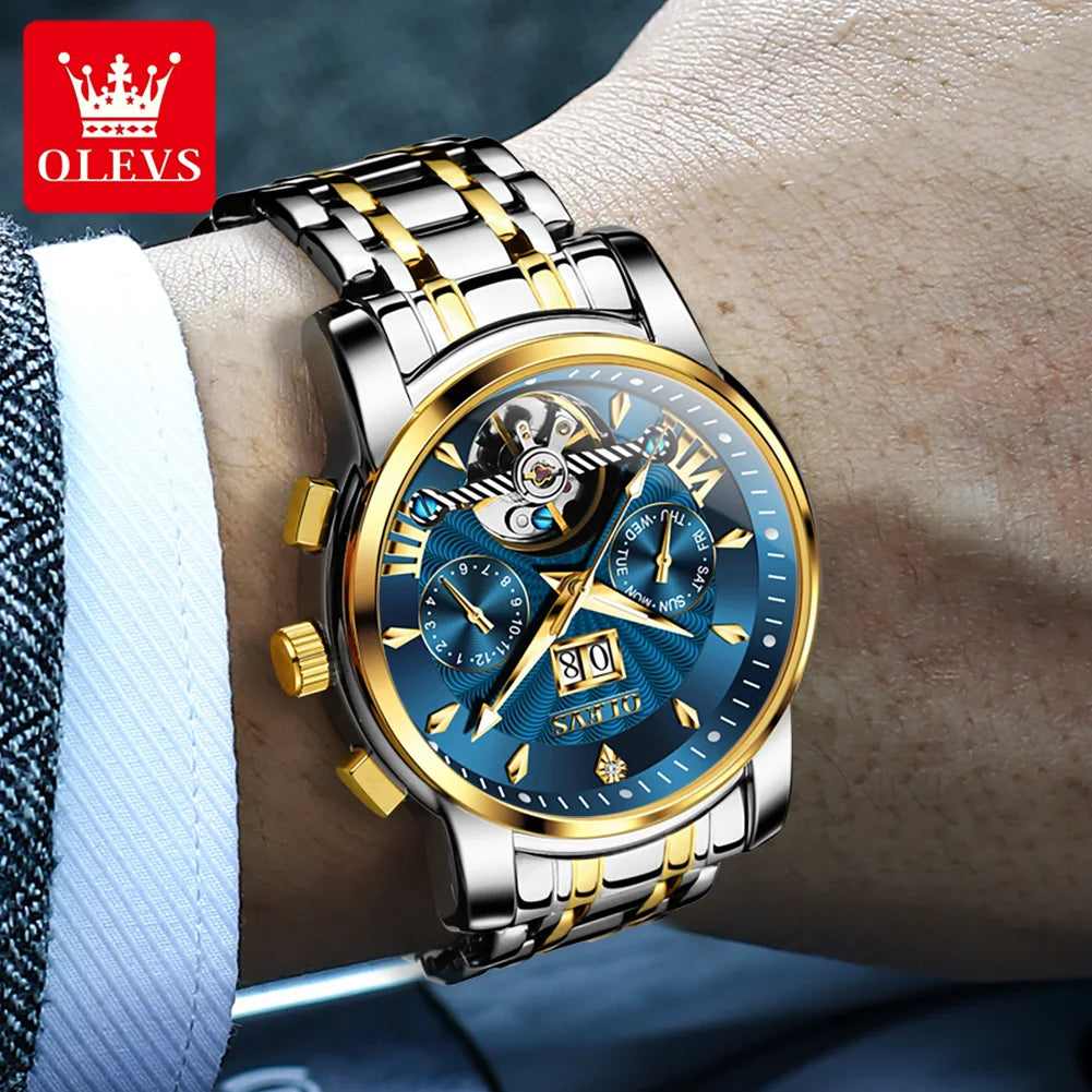 02. OLEVS 9965 Mens Watch Classic Hollow Out Automatic Mechanical Watch Original Movement Waterproof Luminous Calendar Year Moon