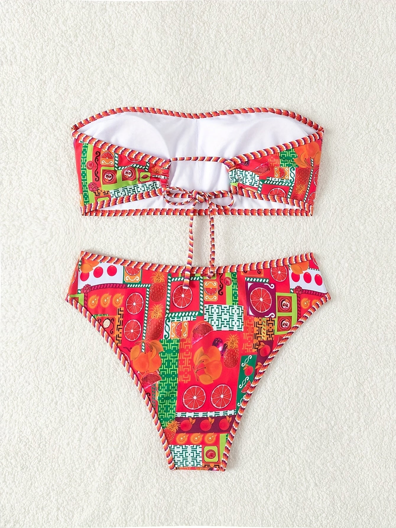 Vibrant Fruit Print High Cut Two-Piece Strapless Bikini Set - Fashionable Beachwear with Adjustable Straps, Padded Cups, and Ruffled Trim - Perfect Women's Summer Swimwear for Beach, Pool, or Vacation
