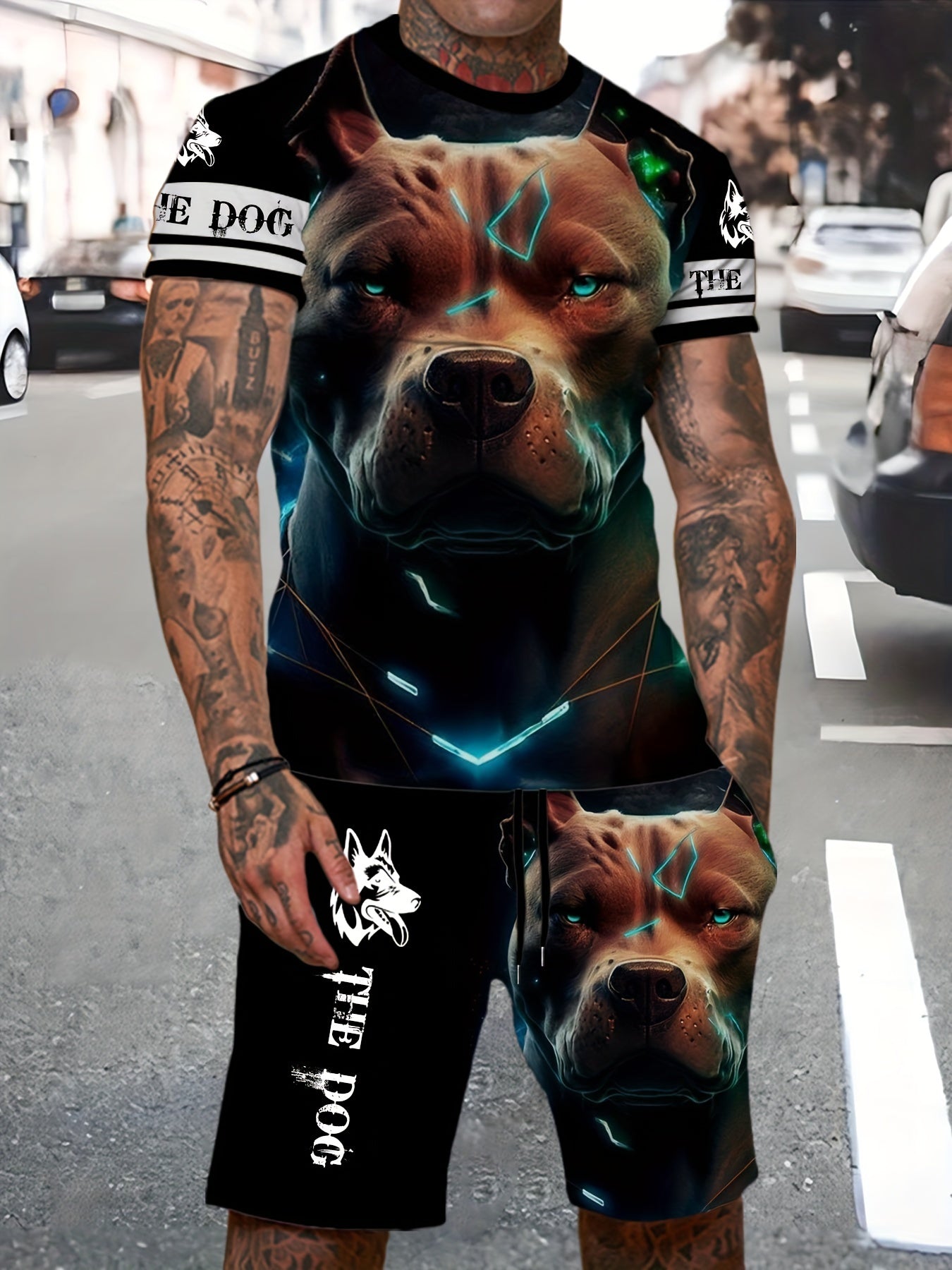 2pcs Novelty Dog 3D Print T-Shirt and Shorts Set for Men, Polyester Knit Fabric, Crew Neck, Slight Stretch, Regular Fit, Casual Sports Style, All-Season Beachwear, Festive & Weekend Outfit