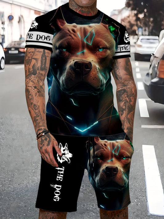 2pcs Novelty Dog 3D Print T-Shirt and Shorts Set for Men, Polyester Knit Fabric, Crew Neck, Slight Stretch, Regular Fit, Casual Sports Style, All-Season Beachwear, Festive & Weekend Outfit