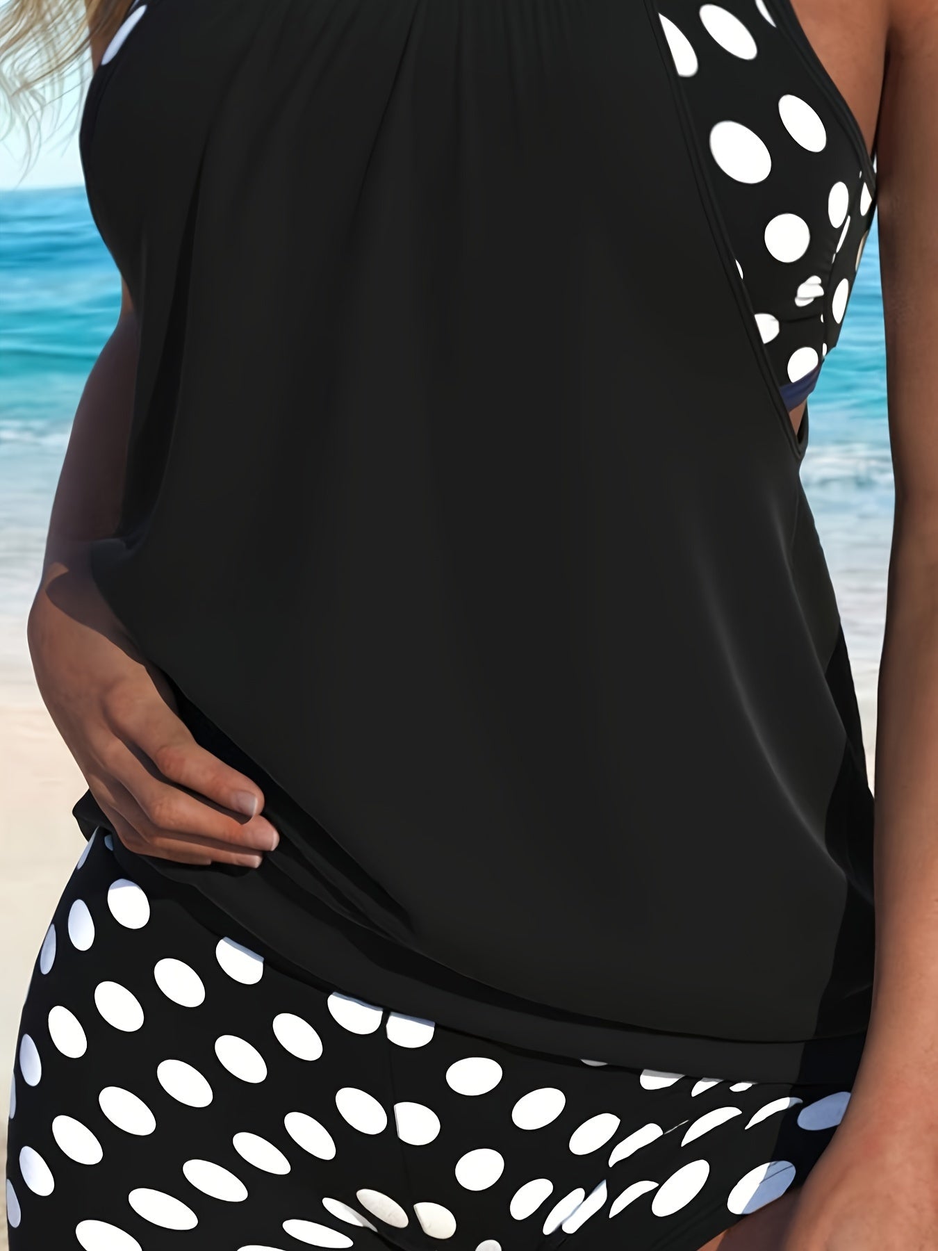 Women's Tankini Swimsuit Set With Polka Dot Shorts, Two-Piece Swimwear, Black Sleeveless Top, Beachwear