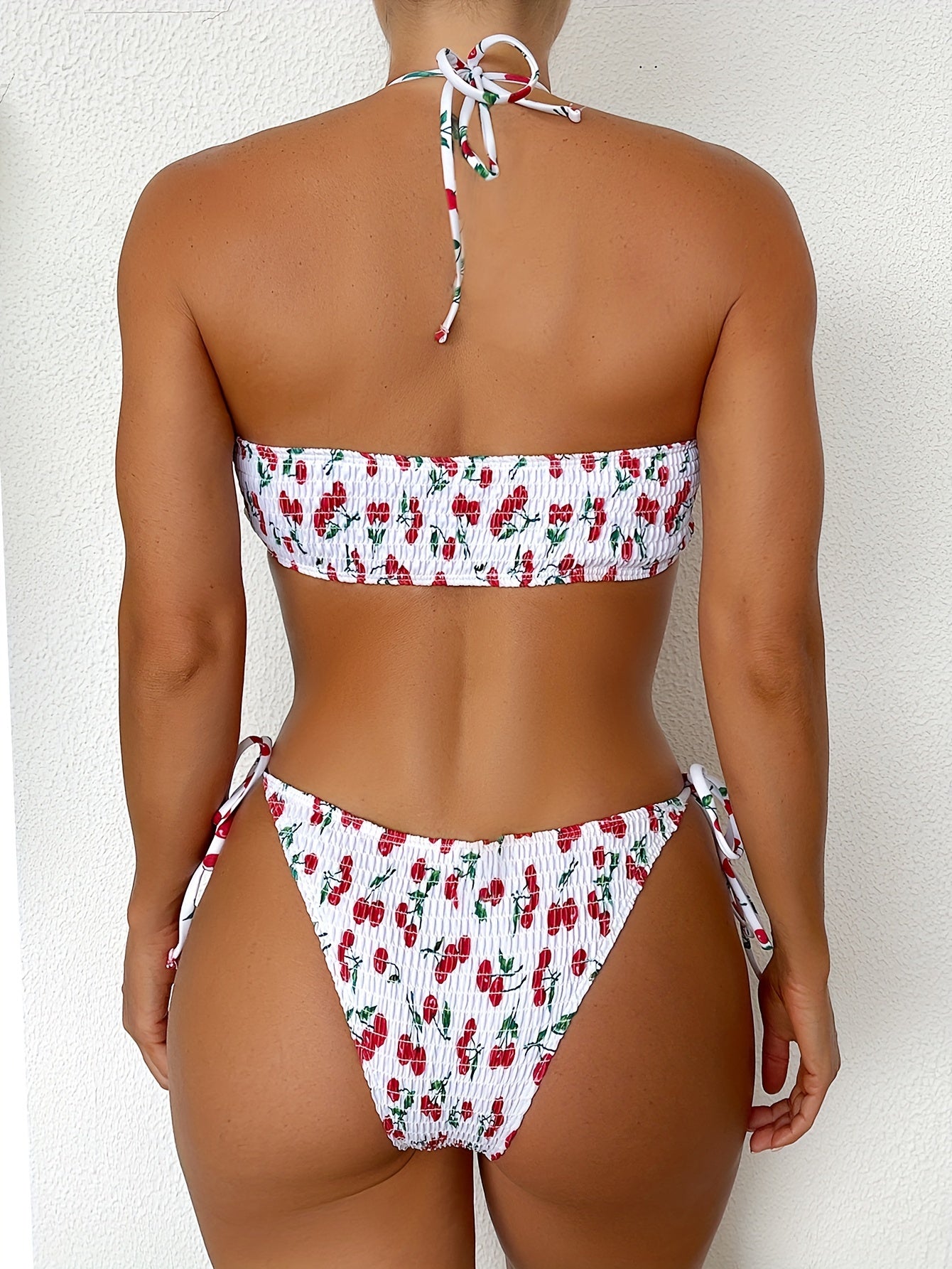 Cherry Print Smocked Bikini Set - Complete Two-Piece Set with Flattering Halter Neckline, Adjustable Tie-Side Design, High-Cut Legs for Maximum Coverage, and Elastic Smocked Fabric for Comfort - Womens Swimwear Collection, Su
