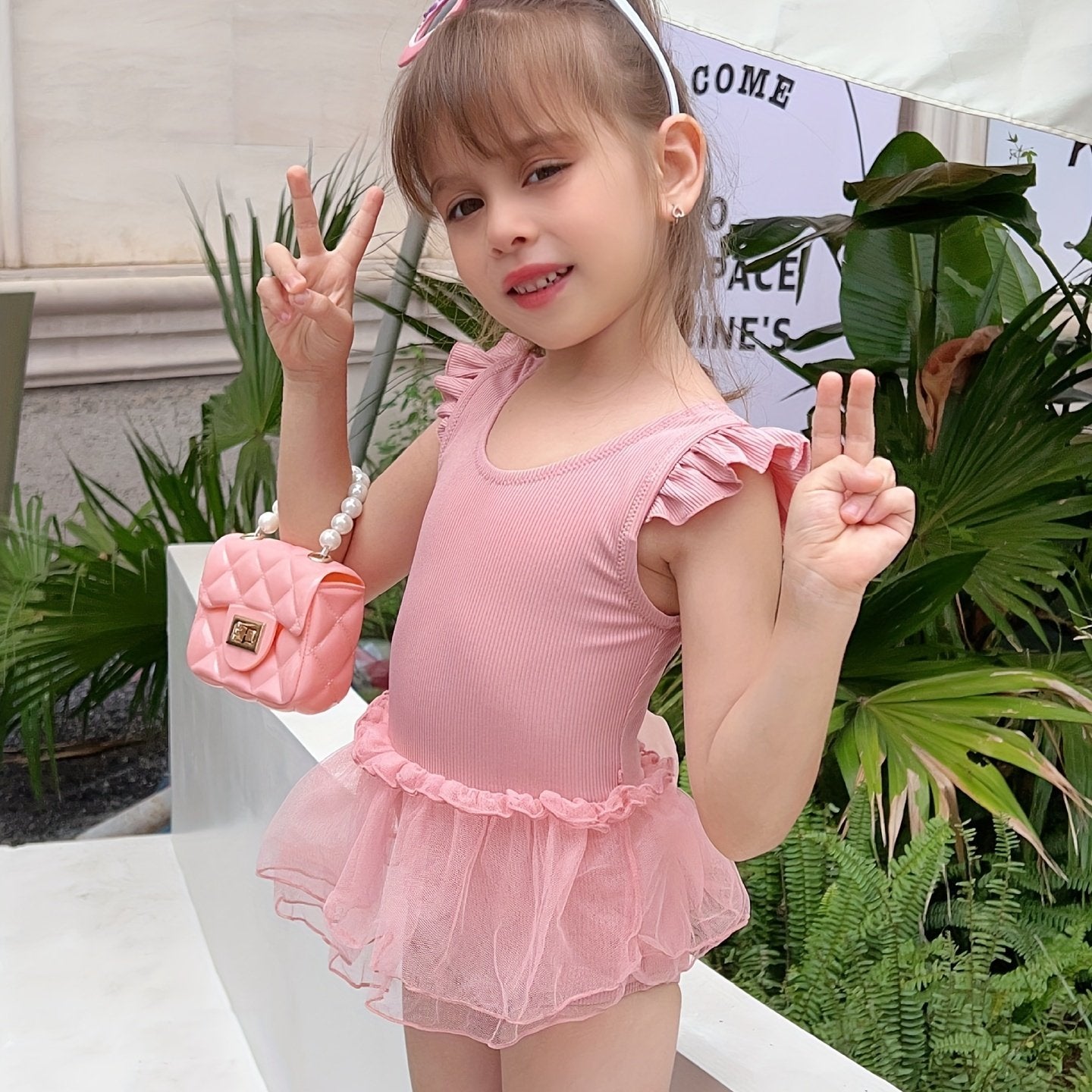 Cute Girls' Solid Swimsuit - Sleeveless Rib-knit Design, Ruffle Trim, Mesh Lace Skirts, Casual Beachwear for Holiday