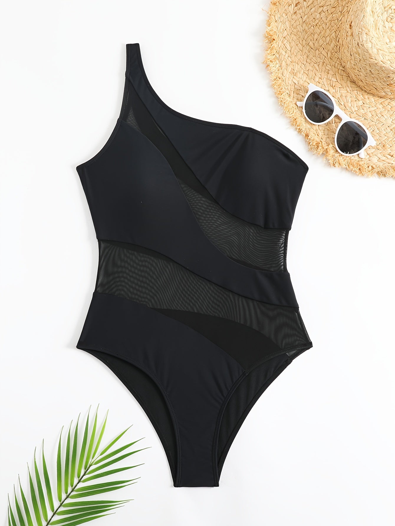 Sexy, Chic One-Shoulder Black One-Piece Swimsuit with Sheer Mesh Detail - Sexy, High-Stretch Nylon/Elastane Blend, Removable Pads, Machine Washable for Fashionable Beachwear, Summer Swimwear | Sexy Beachwear | High-Stretch Ma