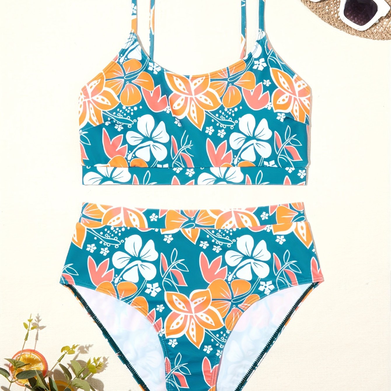 Two-piece High-waisted Women's Bikini Set, Floral Print, Adjustable Straps, Comfort Fit, Tropical Design, Summer Beachwear, Poolside Fashion