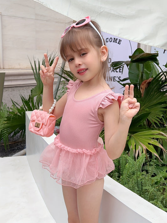 Cute Girls' Solid Swimsuit - Sleeveless Rib-knit Design, Ruffle Trim, Mesh Lace Skirts, Casual Beachwear for Holiday
