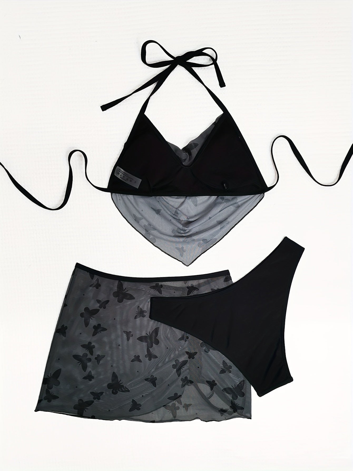 3 Piece Butterfly Print Bikini Set - Halter Neck, Hanky Hem, High Cut, Cover Up Skirt - Women's Swimwear, Beachwear, Summer Clothing, Vacation Essentials